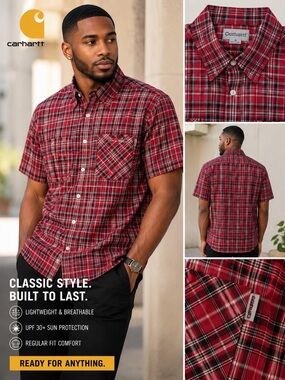 Carhartt Men’s Red Plaid Short-Sleeve Button-Down Shirt sz Med